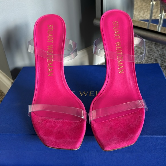 Stuart Weitzman lucite Aleena heel pink suede sz 8.5 - Picture 2 of 7